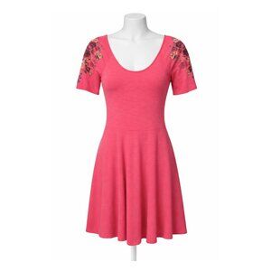 Free People Skater Dress S Embroidered Short Sleeve Stretch Boho Festival Pink